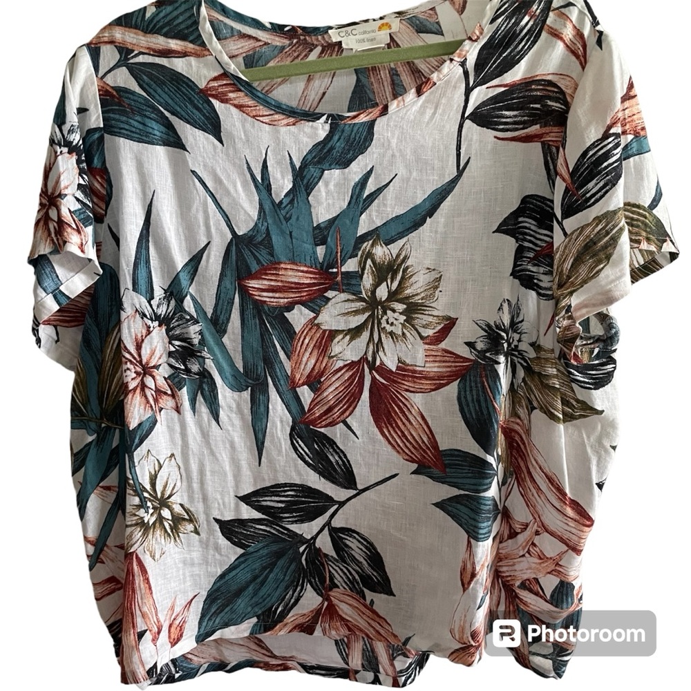 C&C California 100% Linen Blouse XXL Tropical Floral Print